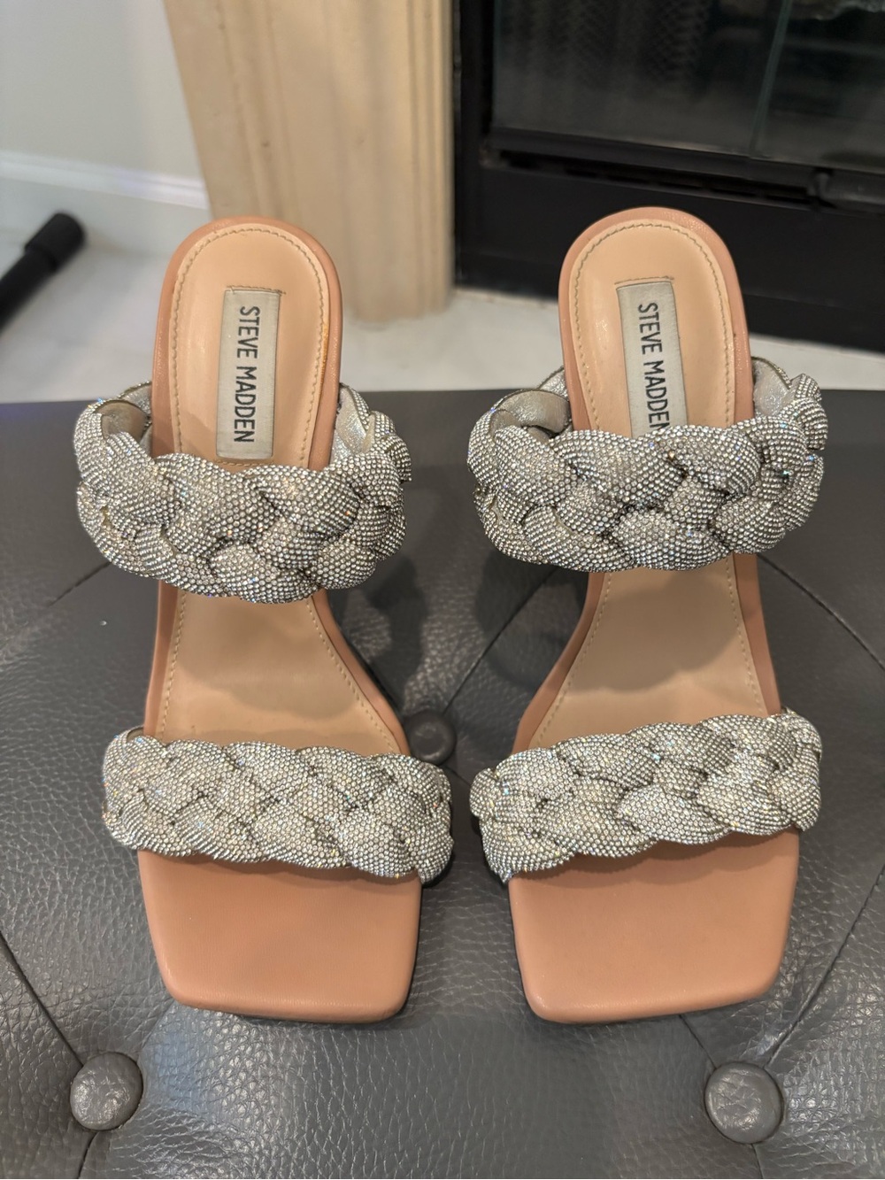 Steve Madden Braided Crystal Double-Strap Slide Heels - Silver